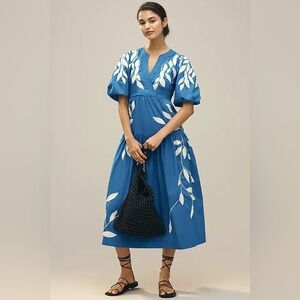 By Anthropologie Short-Sleeve Embroidery Appliqué Maxi Dress Happy Blue Vanilla